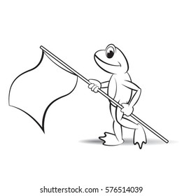 black outlined frog mascot walking with flag-vector drawing