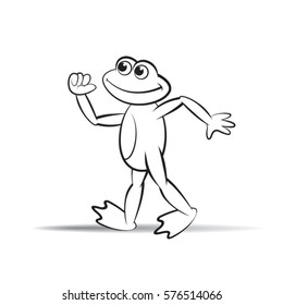 black outlined frog mascot walking with smile-vector drawing
