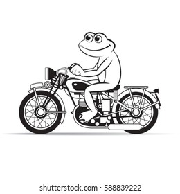 black outlined frog riding old, vintage motorcycle with smile-vector drawing