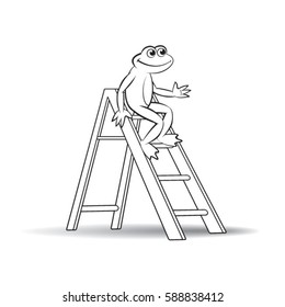 black outlined frog sitting on ladder-vector drawing