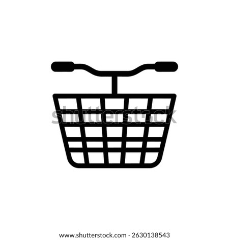 Black outlined, front bicycle basket icon. Handlebars are attached above the basket with a wavy shape. Isolated on a white background, line art illustration.