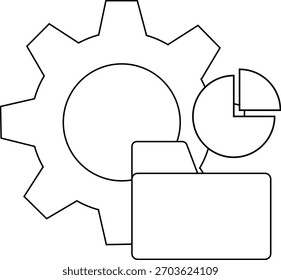 Black outlined gear pie chart and file folder icon
