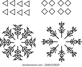 Black outlined geometric shapes including triangles, squares, and two unique snowflake designs with detailed, symmetrical patterns.