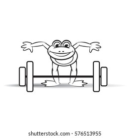 black outlined happy frog mascot ready to lift barbell-vector drawing