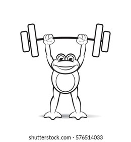 black outlined happy frog mascot lifting barbell-vector drawing