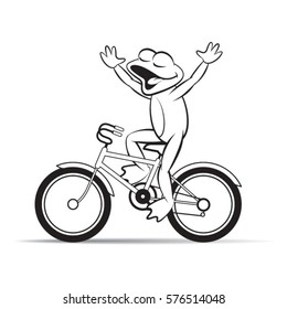 black outlined happy frog mascot riding push bicycle freely-vector drawing