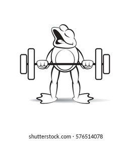 black outlined happy frog mascot lifting barbell-vector drawing