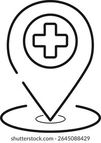 Preto delineado local hospital pin ícone apresenta uma cruz médica dentro de um círculo, indicando a localização da instalação de cuidados de saúde, isolado em um fundo branco limpo, gráfico vetorial.