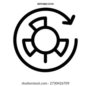 Icono negro delineado que representa un engranaje giratorio dentro de una flecha circular, lo que significa un proceso.