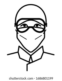 An black outlined illustration of a doctor wearing protective face mask and head cover and googles to protect his or herself against virus contamination during Corona virus disease 19 outbreak 