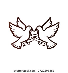 Um esboço preto ilustração de duas pombas brancas viradas uma para a outra, segurando um coração com seus bicos, asas espalhadas, sobre um fundo branco