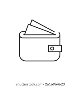 Black outlined isolated image of wallet billfold with currency. Cash symbol. Vector icon in flat style