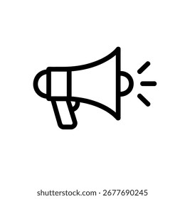Schwarz umrissenes Megaphon-Symbol, das mit Schallwellen auf weißem Hintergrund gesendet wird, mit einfacher Illustration, Vektorkommunikationssymbol-Designelement.