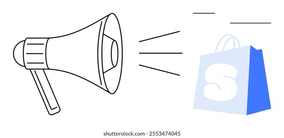 Black outlined megaphone with sound waves directed towards a blue shopping bag. Ideal for advertising, marketing strategies, online shopping promotions, e-commerce, and retail advertising campaigns