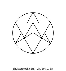 Black outlined Merkaba symbol, featuring an interlocked star tetrahedron within a circle on white