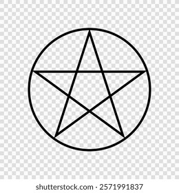 Black outlined pentagram featuring a five pointed star with intersecting lines on a transparent background