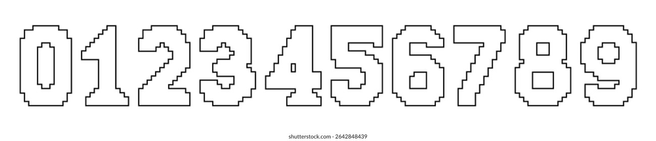 Black outlined pixel-style numbers from 0 to 9 displayed in a row on a white background. Vector illustration