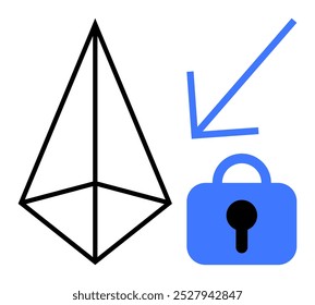 Black outlined pyramid and a blue lock with a keyhole and arrow pointing towards it. Ideal for concepts like data security, networking, blockchain technology, geometric design, and modern art. Simple