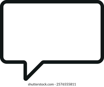 Black outlined speech bubble with a rectangular shape and a pointed tail at the bottom left corner. Represents spoken words, dialogue, or thoughts in comics, graphic novels, or digital communication.