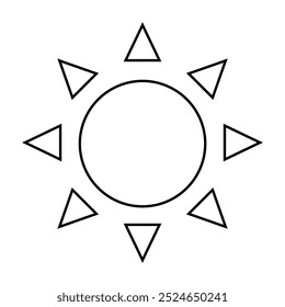 Sol negro delineado con un círculo central, rodeado por ocho rayos triangulares. Ideal para Climas, promociones de verano, diseños infantiles, arte minimalista, materiales educativos. Línea simple