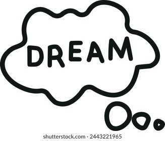 Black outlined thought bubble with the word DREAM in capital letters, accompanied by smaller bubbles, on a plain background.