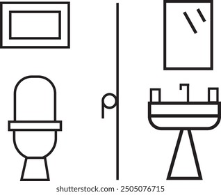 black outlined toilet and sink icon