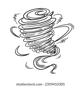 Ilustración del vector del desastre eólico de tornado delineado en negro para el libro de colorear aislado en fondo cuadrado blanco. Sencillo dibujo de dibujos animados planos.