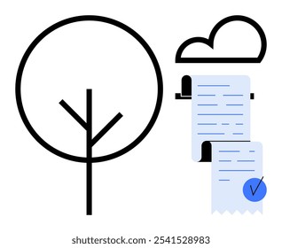 Árvore contornada em preto transmite foco ambiental. A nuvem e os recibos representam uma contabilidade digital e ecológica. Ideal para contabilidade, computação em nuvem, negócios ecológicos, sustentabilidade