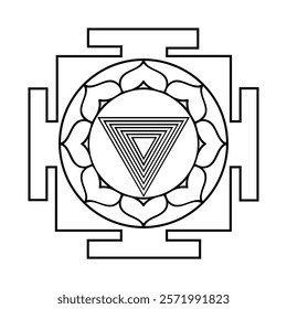 Black outlined Tripura Bhairava Yantra featuring concentric triangles, lotus petals, and square frame on white