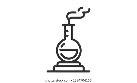 Black outlined vector illustration of laboratory equipment, specifically a round-bottom flask or boiling flask on a stand with a Bunsen burner flame beneath it.