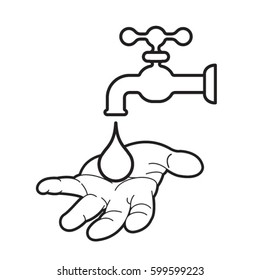 black outlined water tap with hand-vector drawing