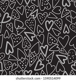 Black with outlined white hearts and dots seamless pattern background design.