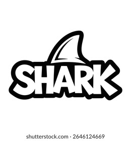 Black outlined white stylized SHARK text with a black shark fin above it on a white background