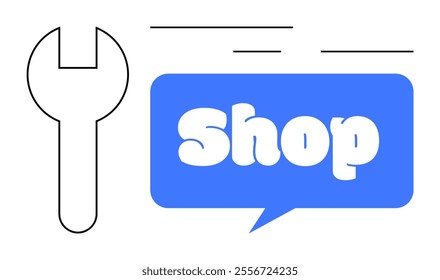 Black outlined wrench beside blue speech bubble with the word Shop in bubble font. Ideal for repair services toolshops graphic design advertisements and signage. Modern minimalist style