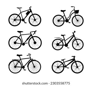 Esquema negro de ilustraciones vectoriales de bicicletas. Dibujos de dibujos animados de siluetas de transporte personal con grandes ruedas y pedales, vehículo para deportes o viajes. Transporte, concepto de movilidad