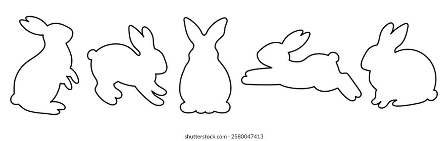 Black outlines of bunnies. Editable Stroke. Easter bunny silhouettes. Set of silhouettes of rabbits in different poses. Traditional holiday symbol