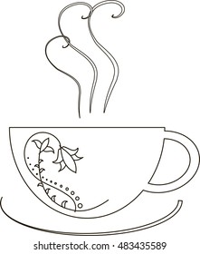 Black outlines cap with hand drawn floral ornament and steam on white, vector illustration