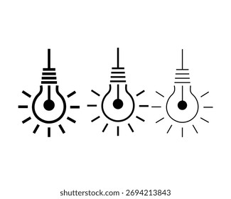Black outlines define three lightbulb icons; the first is bold, the second moderate, and the third thin, all emitting light rays against a white background.