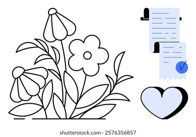 Black outlines of flowers with leaves and stems on the left. On the right a document checklist with a checkmark and a heart shape below. Ideal for nature, journaling, organization, love, minimalism