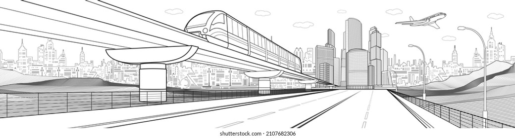 Black outlines Infrastructure town illustration  Large highway  train rides bridge  Modern city at white background  tower   skyscrapers  business building  Plane is flying  Vector design art