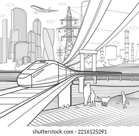 Dibujo de la ciudad en el marco de la infraestructura de la línea negra. Paseos en tren por el puente. Superación automotriz. Ciudad moderna de fondo blanco, torre y rascacielos, edificio de negocios. Arte de diseño de vectores