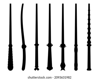 Black outlines of magic wands isolated on white background. Magic wands icons set. Tool of the wizard and the sorcerer. Magic items. Vector illustration