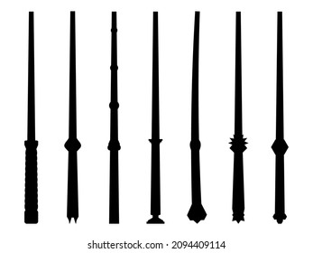 Black outlines of magic wands isolated on white background. Magic wands icons set. Tool of the wizard and the sorcerer. Magic items. Vector illustration