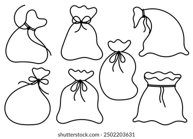 Black outlines of new year sacks. Set of simple full santa claus gift sacks. Christmas gift bags. Flat style