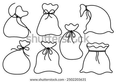 Black outlines of new year sacks. Set of simple full santa claus gift sacks. Christmas gift bags. Flat style