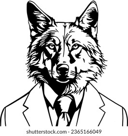 Black outlines show a wolf wearing a business suit. The vector symbolizes typical characteristics of a wolf, which a businessman can also have. 