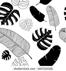 Black outlines of tropical monstera and banana palm leaves on white background, seamless pattern.