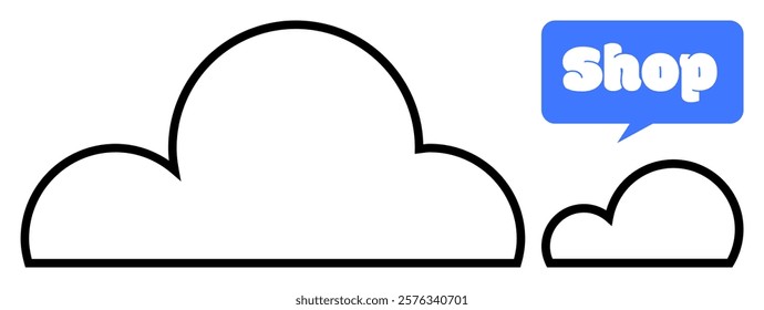 Black outlines of two clouds with different sizes are next to a blue speech bubble containing the word shop in white capital letters. Ideal for e-commerce, online stores, cloud services, marketing