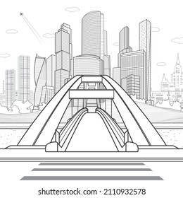 Black outlines urban illustration. Pedestrian bridge over the river. Modern city at background. Infrastructure town. Vector design art