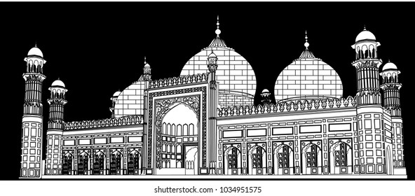 Black outlines with white fill of Badshahi Masjid ( Mosque ) Lahore Punjab Pakistan in Black background